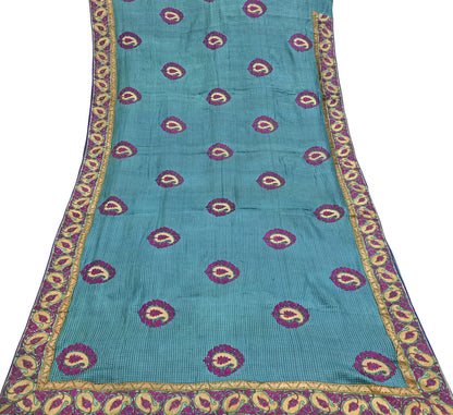 Indian Vintage Blue Saree Pure Khadi Silk Handloom Hand Beaded Sari Craft Fabric 5yd Ethnic Fringes Dress making Crafting Quilting Used