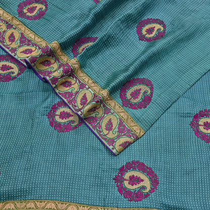Indian Vintage Blue Saree Pure Khadi Silk Handloom Hand Beaded Sari Craft Fabric 5yd Ethnic Fringes Dress making Crafting Quilting Used