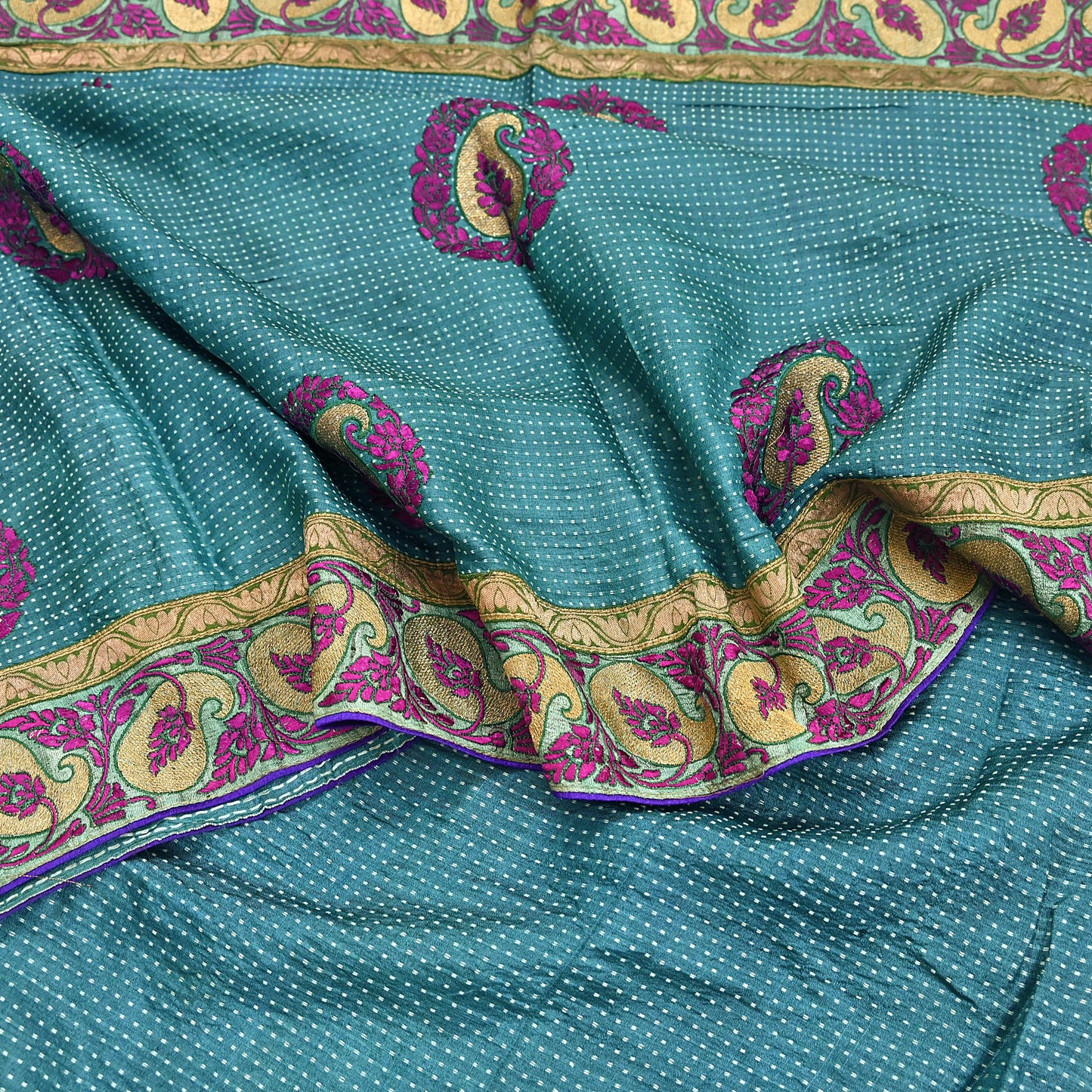 Indian Vintage Blue Saree Pure Khadi Silk Handloom Hand Beaded Sari Craft Fabric 5yd Ethnic Fringes Dress making Crafting Quilting Used