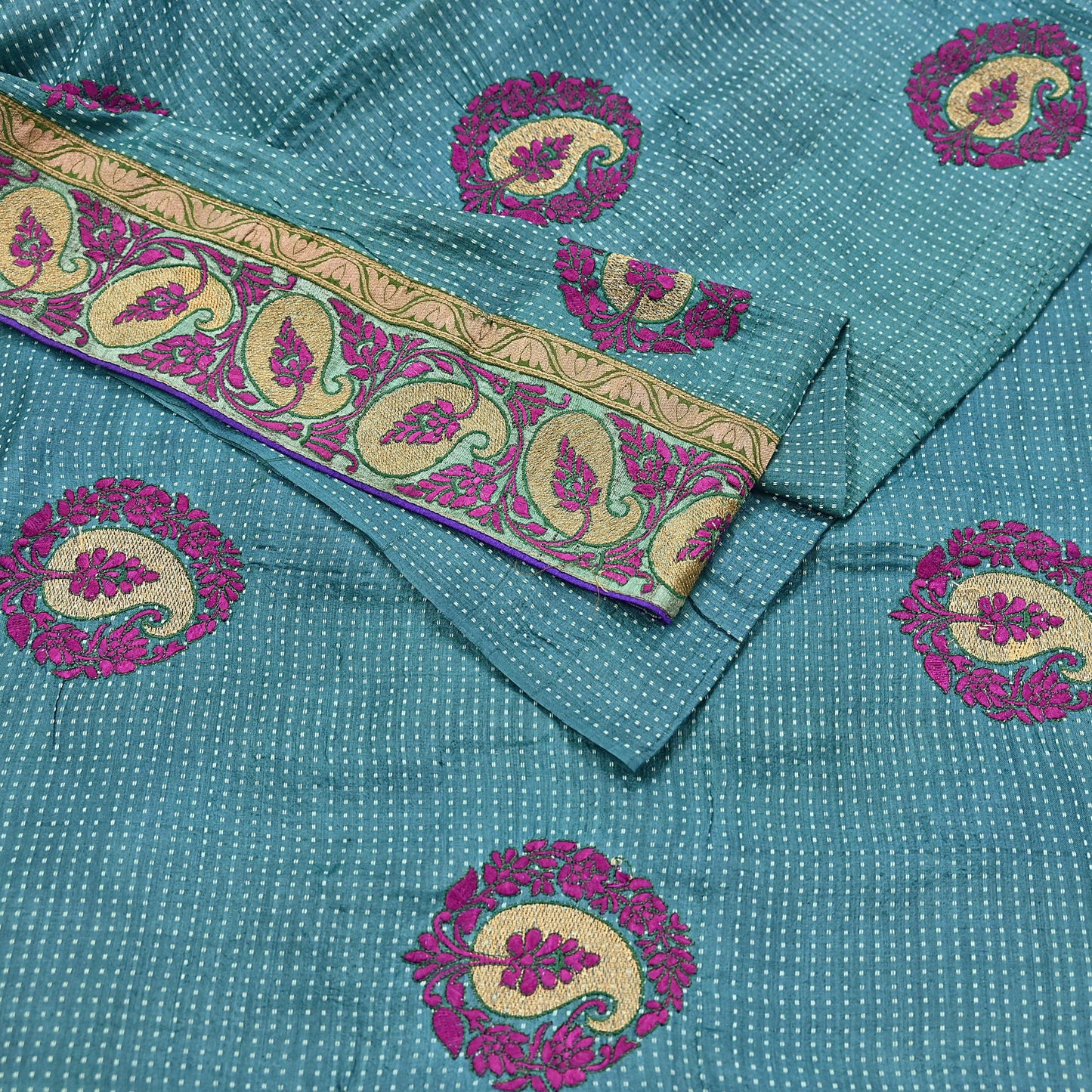 Indian Vintage Blue Saree Pure Khadi Silk Handloom Hand Beaded Sari Craft Fabric 5yd Ethnic Fringes Dress making Crafting Quilting Used