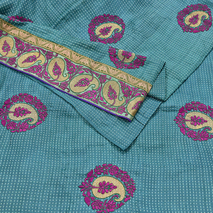 Indian Vintage Blue Saree Pure Khadi Silk Handloom Hand Beaded Sari Craft Fabric 5yd Ethnic Fringes Dress making Crafting Quilting Used