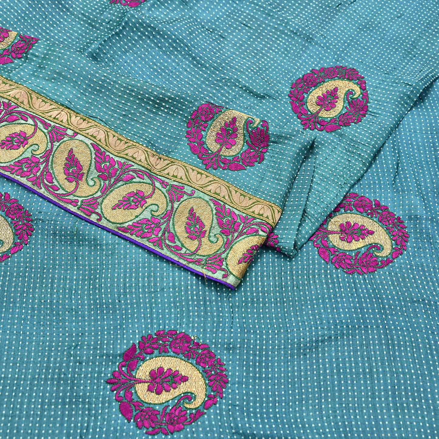 Indian Vintage Blue Saree Pure Khadi Silk Handloom Hand Beaded Sari Craft Fabric 5yd Ethnic Fringes Dress making Crafting Quilting Used