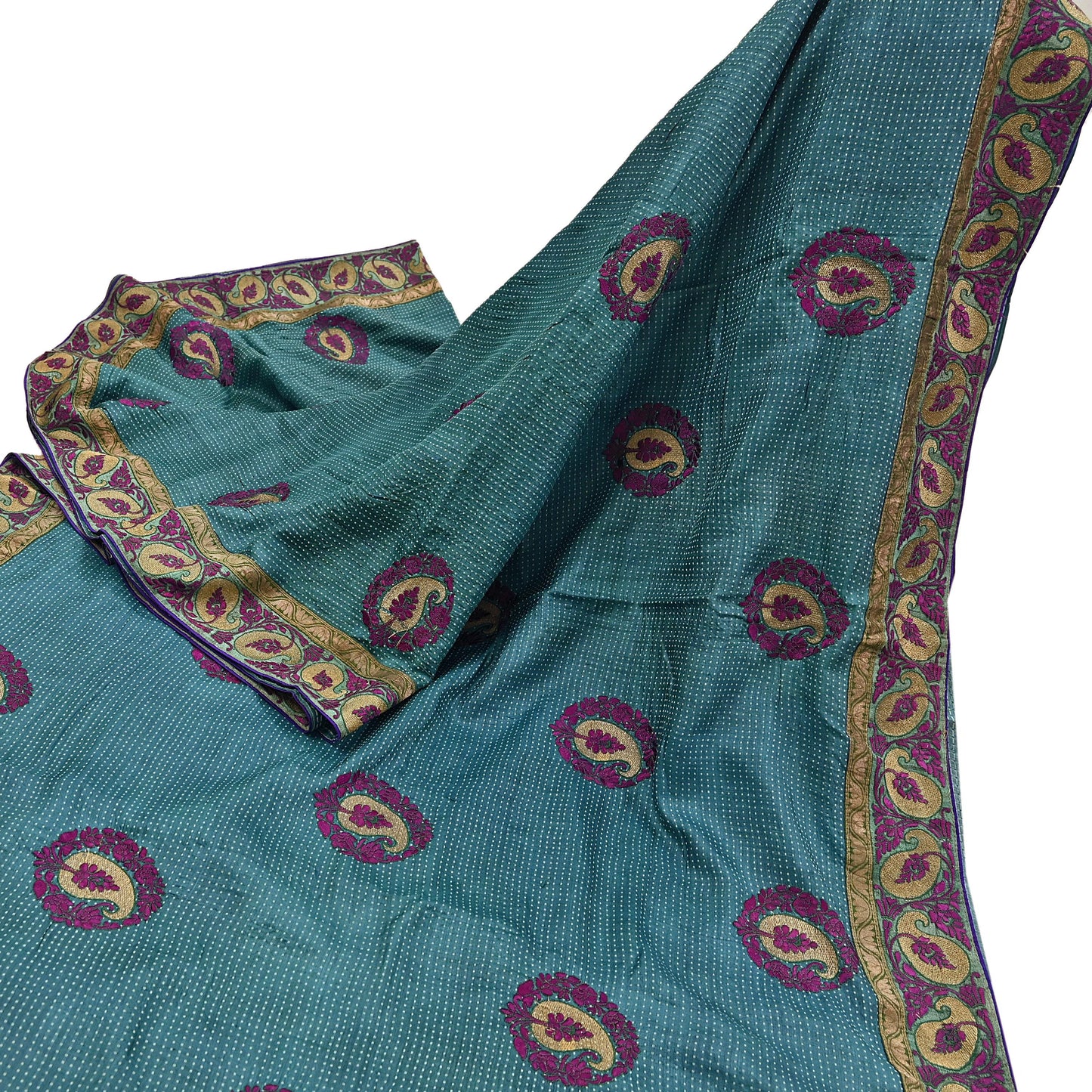 Indian Vintage Blue Saree Pure Khadi Silk Handloom Hand Beaded Sari Craft Fabric 5yd Ethnic Fringes Dress making Crafting Quilting Used