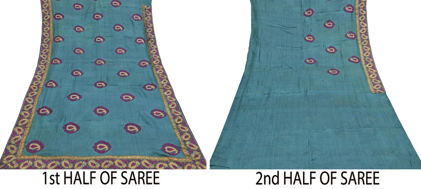 Indian Vintage Blue Saree Pure Khadi Silk Handloom Hand Beaded Sari Craft Fabric 5yd Ethnic Fringes Dress making Crafting Quilting Used