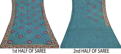 Indian Vintage Blue Saree Pure Khadi Silk Handloom Hand Beaded Sari Craft Fabric 5yd Ethnic Fringes Dress making Crafting Quilting Used