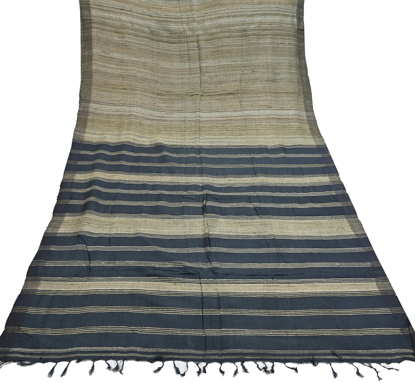 Indian Vintage Heavy Sari Beige & Black Pure Khadi Silk Handloom Saree Craft Fabric 5yd Ethnic Wear Dress making For Crafting Quilting
