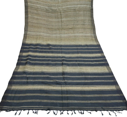 Indian Vintage Heavy Sari Beige & Black Pure Khadi Silk Handloom Saree Craft Fabric 5yd Ethnic Wear Dress making For Crafting Quilting