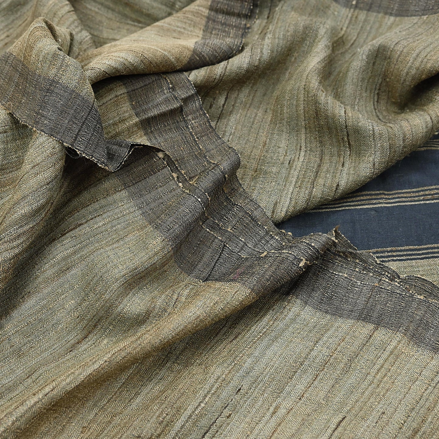 Indian Vintage Heavy Sari Beige & Black Pure Khadi Silk Handloom Saree Craft Fabric 5yd Ethnic Wear Dress making For Crafting Quilting