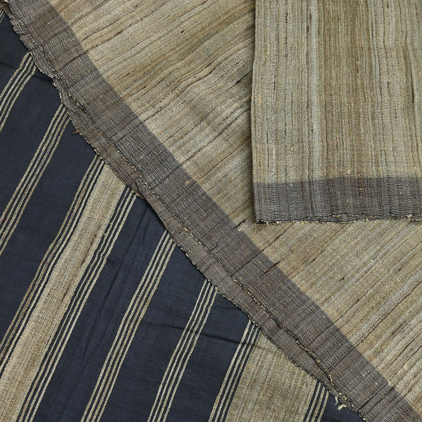 Indian Vintage Heavy Sari Beige & Black Pure Khadi Silk Handloom Saree Craft Fabric 5yd Ethnic Wear Dress making For Crafting Quilting