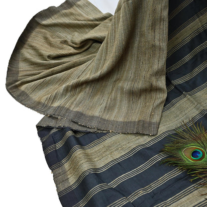 Indian Vintage Heavy Sari Beige & Black Pure Khadi Silk Handloom Saree Craft Fabric 5yd Ethnic Wear Dress making For Crafting Quilting