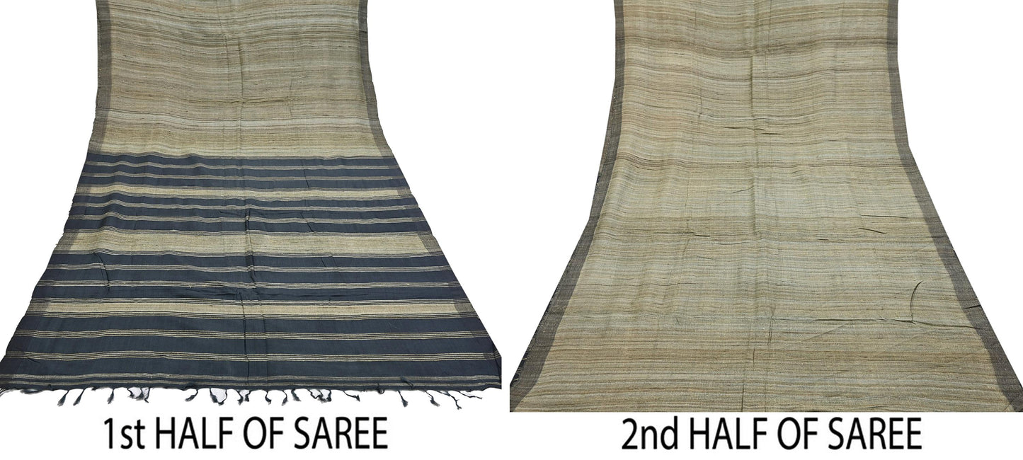 Indian Vintage Heavy Sari Beige & Black Pure Khadi Silk Handloom Saree Craft Fabric 5yd Ethnic Wear Dress making For Crafting Quilting