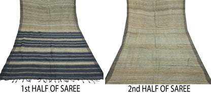 Indian Vintage Heavy Sari Beige & Black Pure Khadi Silk Handloom Saree Craft Fabric 5yd Ethnic Wear Dress making For Crafting Quilting