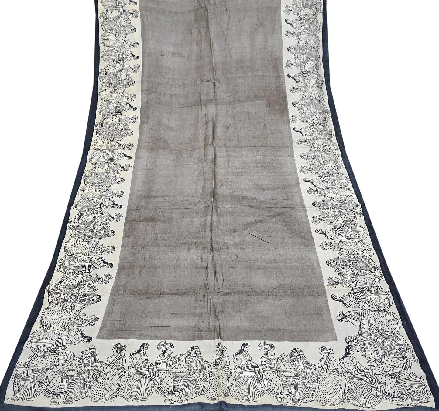 Indian Vintage Brown & Ivory Saree Pure Khadi Silk Handloom Printed Sari Fabric 6yd Ethnic Wear Sari Stripes Designs Dress making Crafting