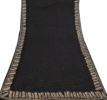 Indian Vintage Heavy Sari Black Pure Georgette Silk Hand Beaded Sarees Craft Fabric 5Yd Sewing Soft Ethnic Wedding Dress making