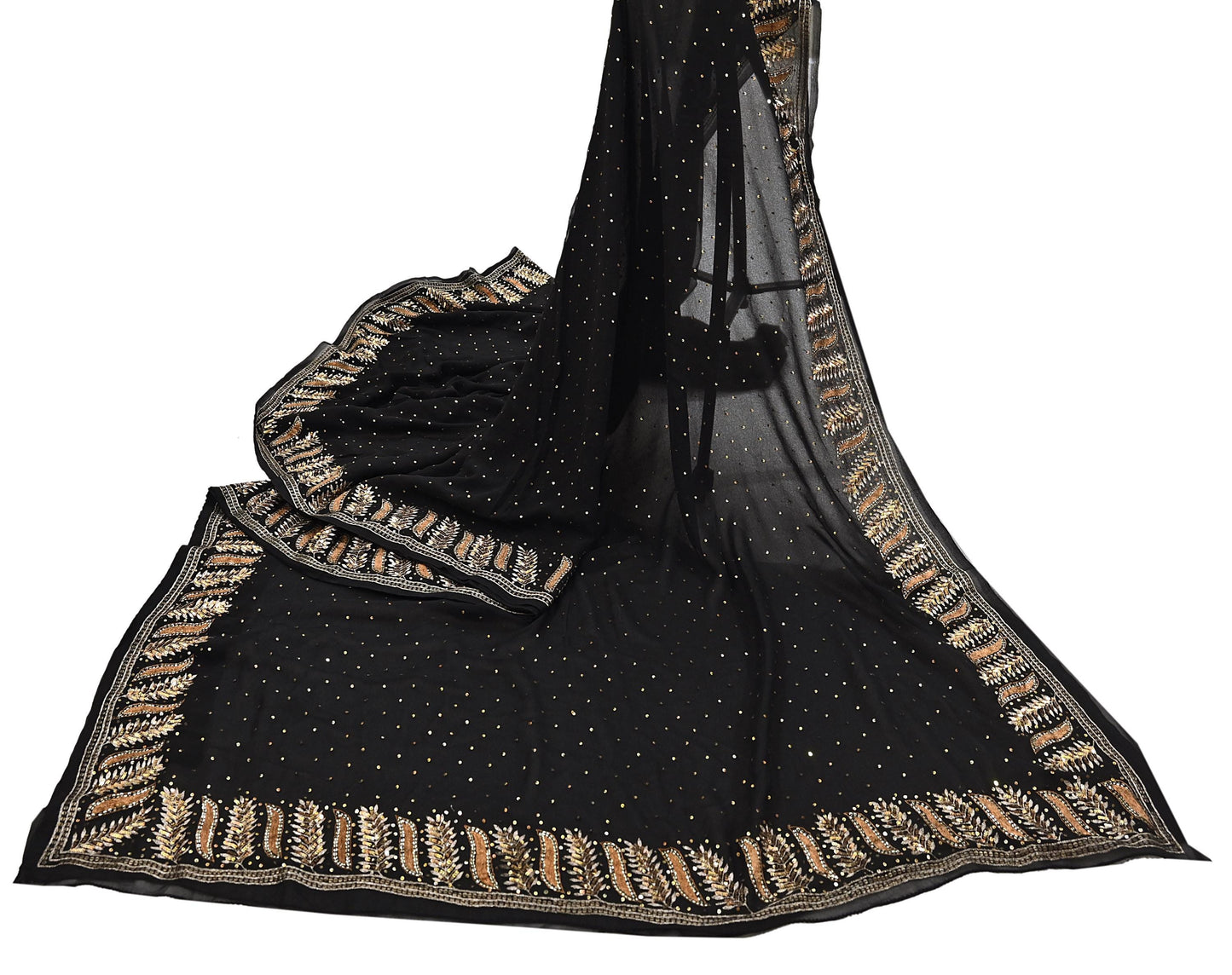 Indian Vintage Heavy Sari Black Pure Georgette Silk Hand Beaded Sarees Craft Fabric 5Yd Sewing Soft Ethnic Wedding Dress making