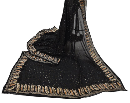 Indian Vintage Heavy Sari Black Pure Georgette Silk Hand Beaded Sarees Craft Fabric 5Yd Sewing Soft Ethnic Wedding Dress making