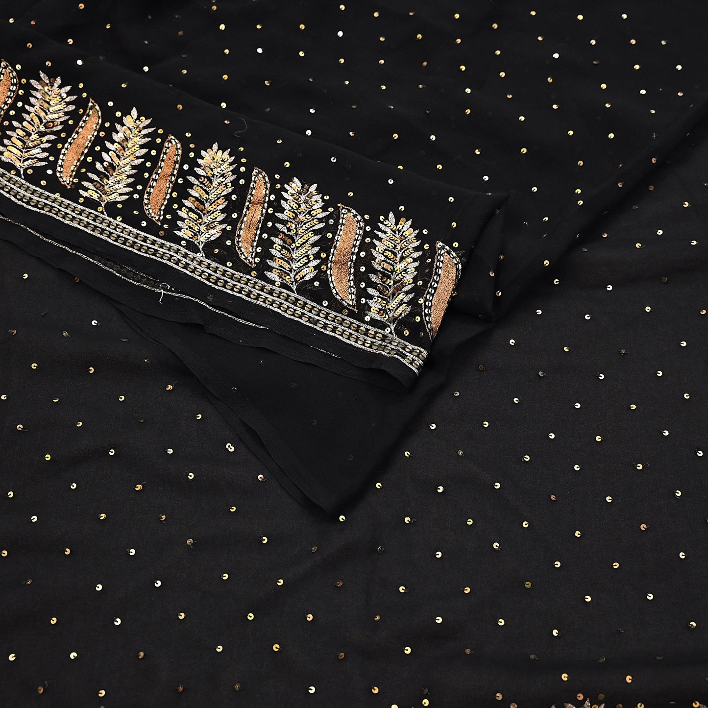 Indian Vintage Heavy Sari Black Pure Georgette Silk Hand Beaded Sarees Craft Fabric 5Yd Sewing Soft Ethnic Wedding Dress making