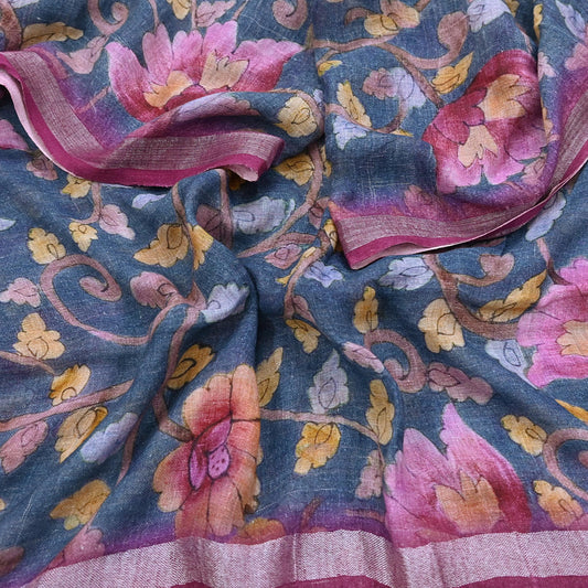 Indian Vintage Gray Dupatta 100% Pure Cotton Printed Long Stole Scarves Soft Veil Hijab Floral Design Boho Fabric For Dress