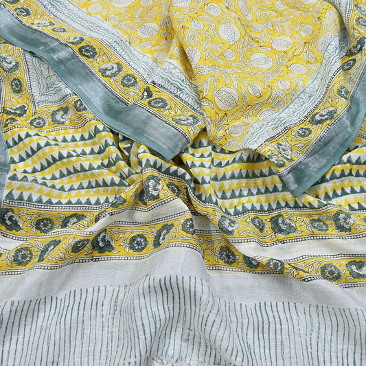 Indian Vintage Yellow & White Dupatta 100% Pure Cotton Printed Long Stole Scarves Soft Veil Hijab Floral Boho Fabric For Dress Fringes Zari