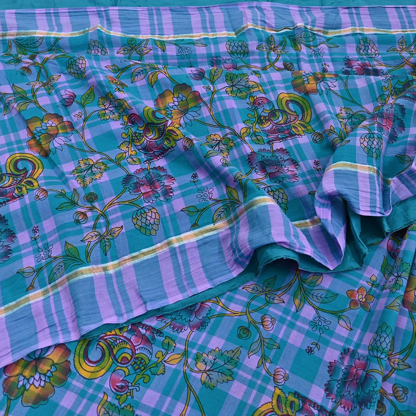 Indian Vintage Sari Green & Purple Printed 100% Pure Cotton Sarees Craft Fabric 5Yd Sewing Sarong Wrap Boho Quilting Crafting zari border