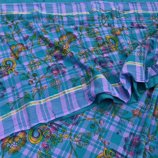 Indian Vintage Sari Green & Purple Printed 100% Pure Cotton Sarees Craft Fabric 5Yd Sewing Sarong Wrap Boho Quilting Crafting zari border