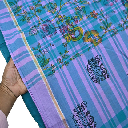 Indian Vintage Sari Green & Purple Printed 100% Pure Cotton Sarees Craft Fabric 5Yd Sewing Sarong Wrap Boho Quilting Crafting zari border