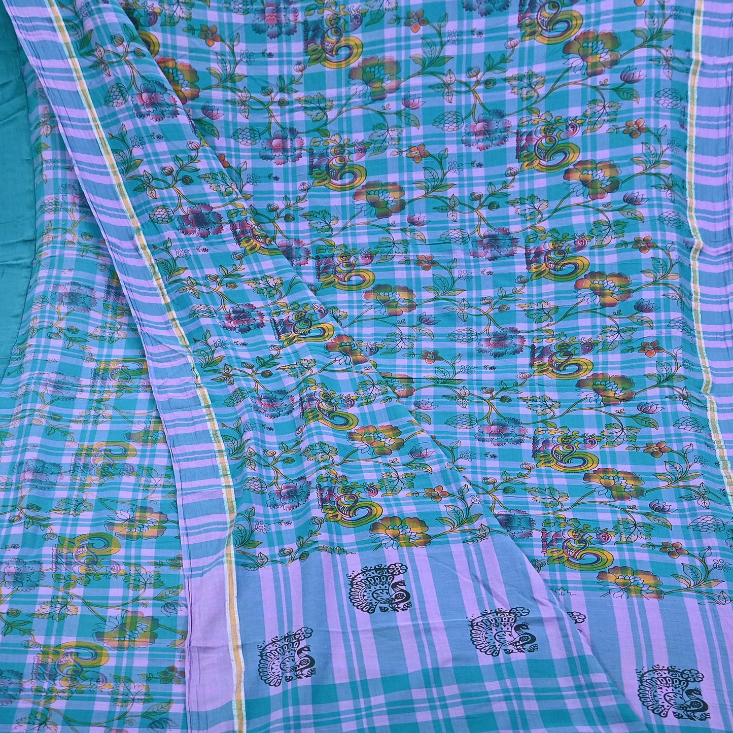 Indian Vintage Sari Green & Purple Printed 100% Pure Cotton Sarees Craft Fabric 5Yd Sewing Sarong Wrap Boho Quilting Crafting zari border