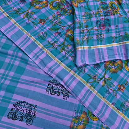 Indian Vintage Sari Green & Purple Printed 100% Pure Cotton Sarees Craft Fabric 5Yd Sewing Sarong Wrap Boho Quilting Crafting zari border