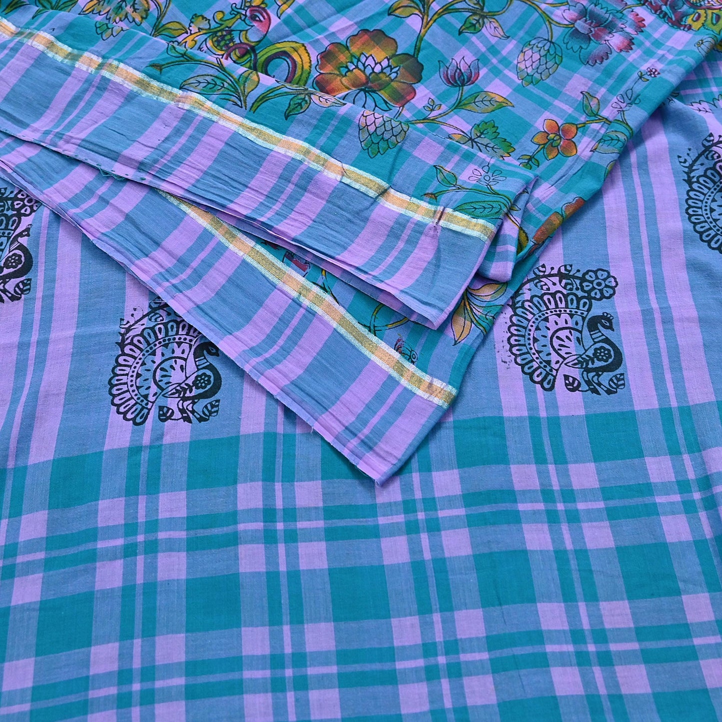 Indian Vintage Sari Green & Purple Printed 100% Pure Cotton Sarees Craft Fabric 5Yd Sewing Sarong Wrap Boho Quilting Crafting zari border