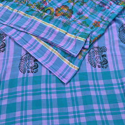 Indian Vintage Sari Green & Purple Printed 100% Pure Cotton Sarees Craft Fabric 5Yd Sewing Sarong Wrap Boho Quilting Crafting zari border