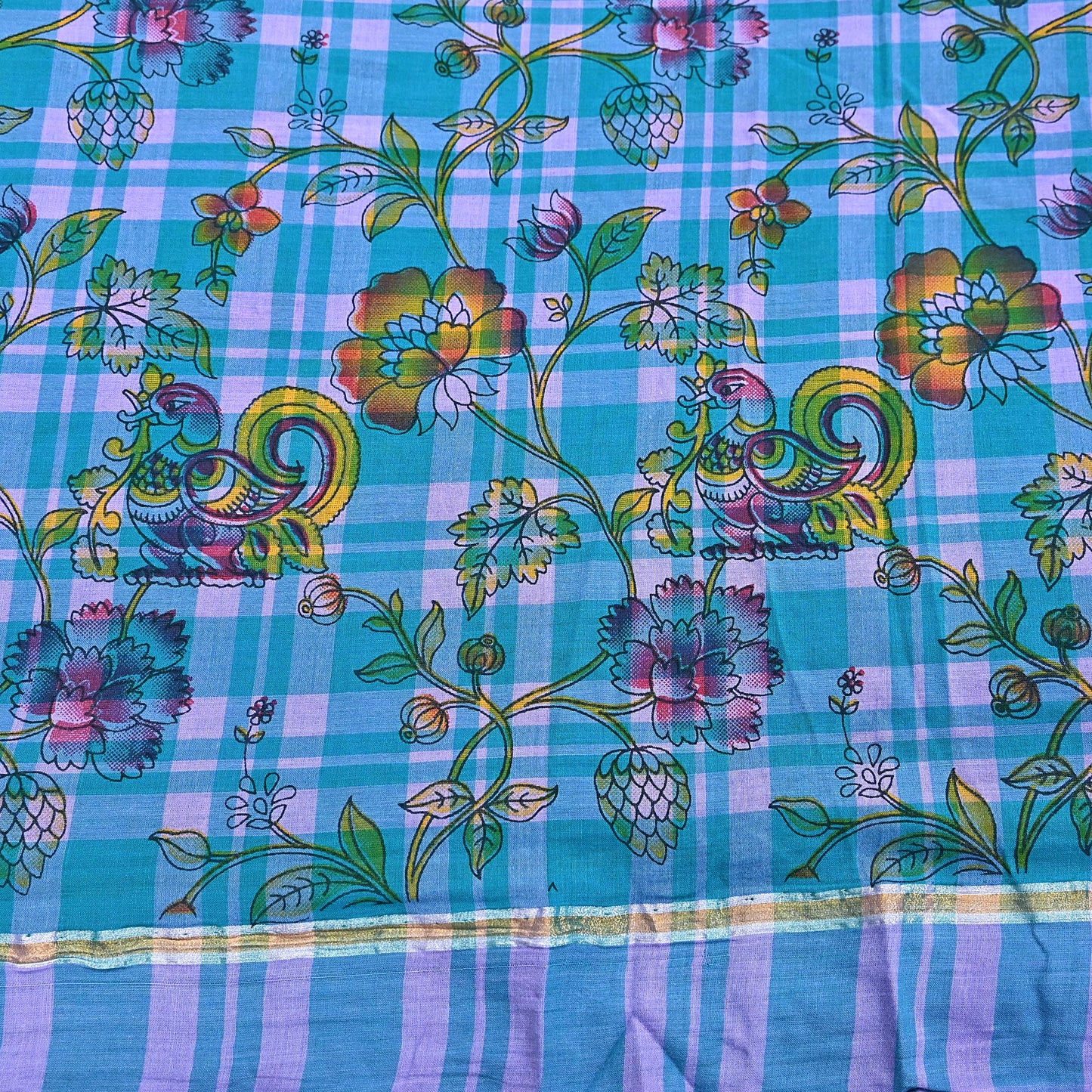 Indian Vintage Sari Green & Purple Printed 100% Pure Cotton Sarees Craft Fabric 5Yd Sewing Sarong Wrap Boho Quilting Crafting zari border