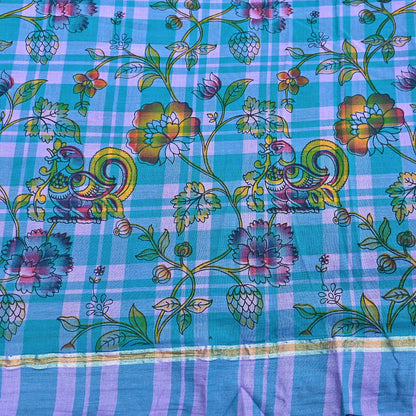 Indian Vintage Sari Green & Purple Printed 100% Pure Cotton Sarees Craft Fabric 5Yd Sewing Sarong Wrap Boho Quilting Crafting zari border