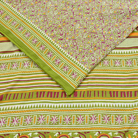 Indian Vintage Sari Green Block Printed Pure Cotton Saree Soft Floral 5Yd Sarong Wrap Boho Fabric Kimono Soft