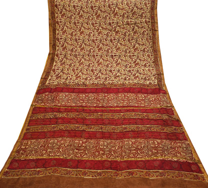 Indian Vintage Sari Beige chanderi Silk Bagru Printed Saree 5Yd Fabric Floral Soft Zari Border Ethnic Upcycle Crafting Dress making