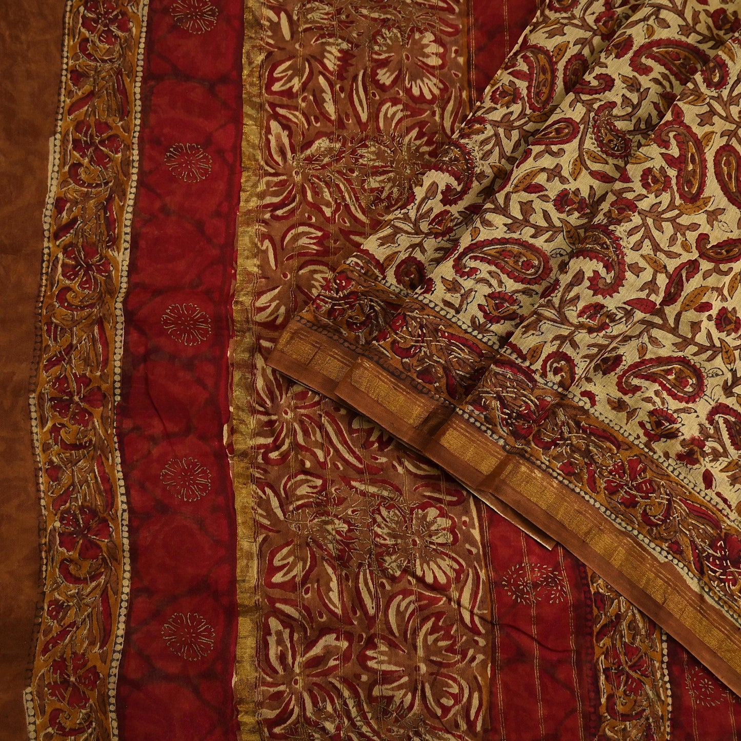 Indian Vintage Sari Beige chanderi Silk Bagru Printed Saree 5Yd Fabric Floral Soft Zari Border Ethnic Upcycle Crafting Dress making