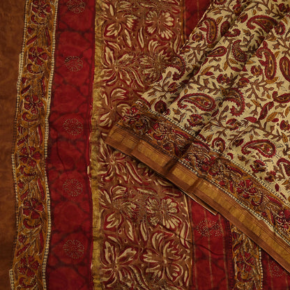 Indian Vintage Sari Beige chanderi Silk Bagru Printed Saree 5Yd Fabric Floral Soft Zari Border Ethnic Upcycle Crafting Dress making