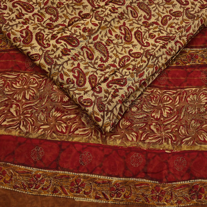 Indian Vintage Sari Beige chanderi Silk Bagru Printed Saree 5Yd Fabric Floral Soft Zari Border Ethnic Upcycle Crafting Dress making