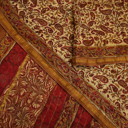 Indian Vintage Sari Beige chanderi Silk Bagru Printed Saree 5Yd Fabric Floral Soft Zari Border Ethnic Upcycle Crafting Dress making