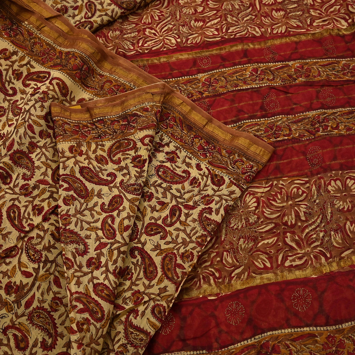 Indian Vintage Sari Beige chanderi Silk Bagru Printed Saree 5Yd Fabric Floral Soft Zari Border Ethnic Upcycle Crafting Dress making