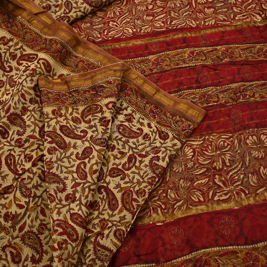 Indian Vintage Sari Beige chanderi Silk Bagru Printed Saree 5Yd Fabric Floral Soft Zari Border Ethnic Upcycle Crafting Dress making