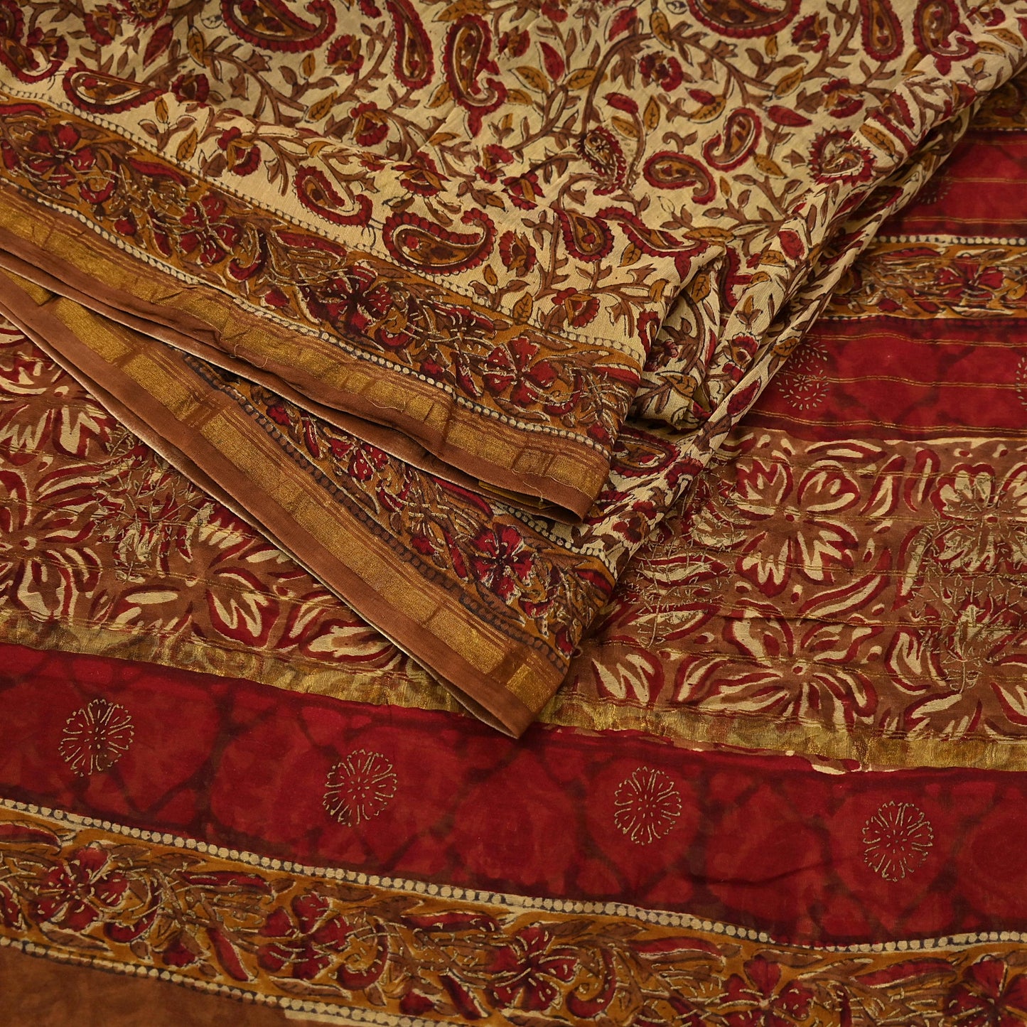 Indian Vintage Sari Beige chanderi Silk Bagru Printed Saree 5Yd Fabric Floral Soft Zari Border Ethnic Upcycle Crafting Dress making