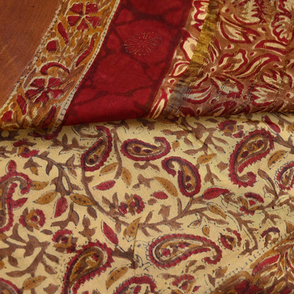 Indian Vintage Sari Beige chanderi Silk Bagru Printed Saree 5Yd Fabric Floral Soft Zari Border Ethnic Upcycle Crafting Dress making