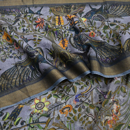 Indian Vintage Sari Gray  Blend Silk Woven Digital Printed Saree Craft Fabric 5yd Soft Dress Designing Crafting Quilting Zari Border