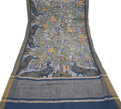 Indian Vintage Sari Gray  Blend Silk Woven Digital Printed Saree Craft Fabric 5yd Soft Dress Designing Crafting Quilting Zari Border