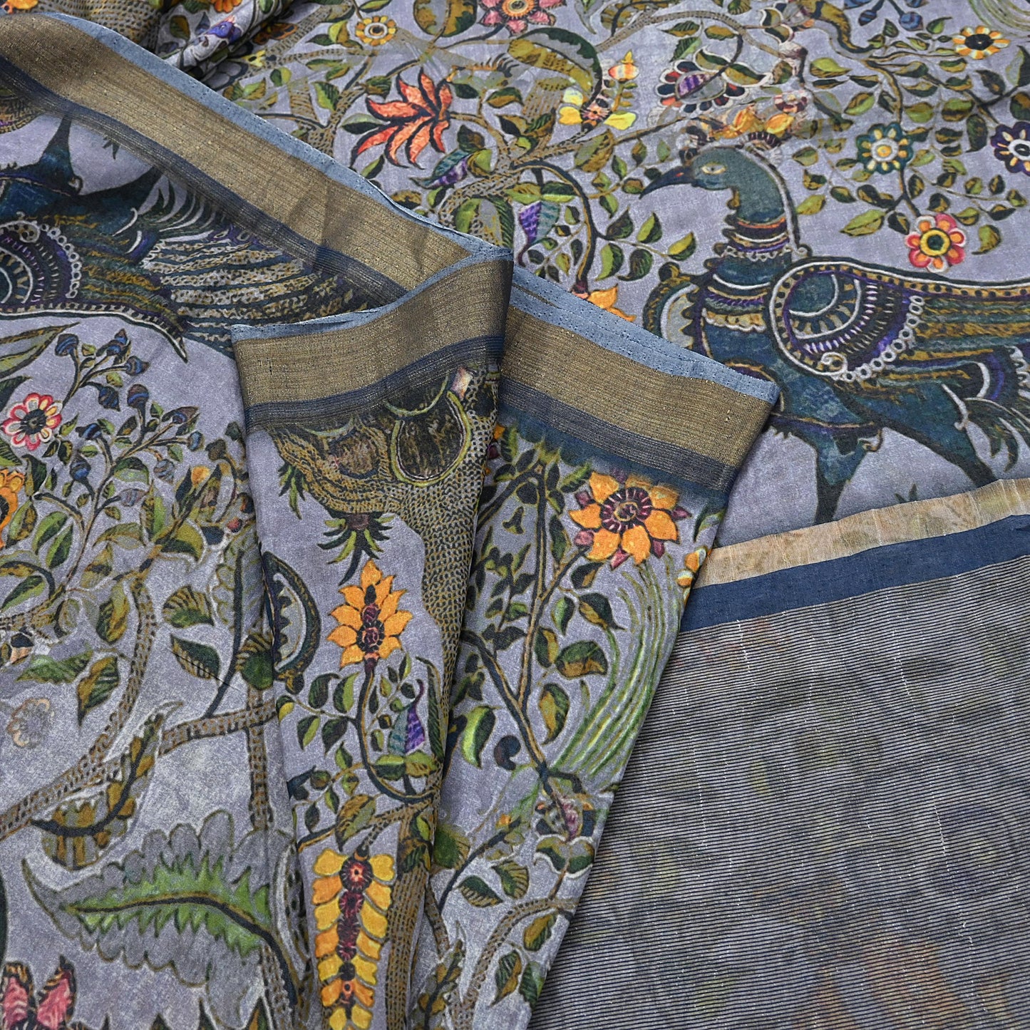 Indian Vintage Sari Gray  Blend Silk Woven Digital Printed Saree Craft Fabric 5yd Soft Dress Designing Crafting Quilting Zari Border