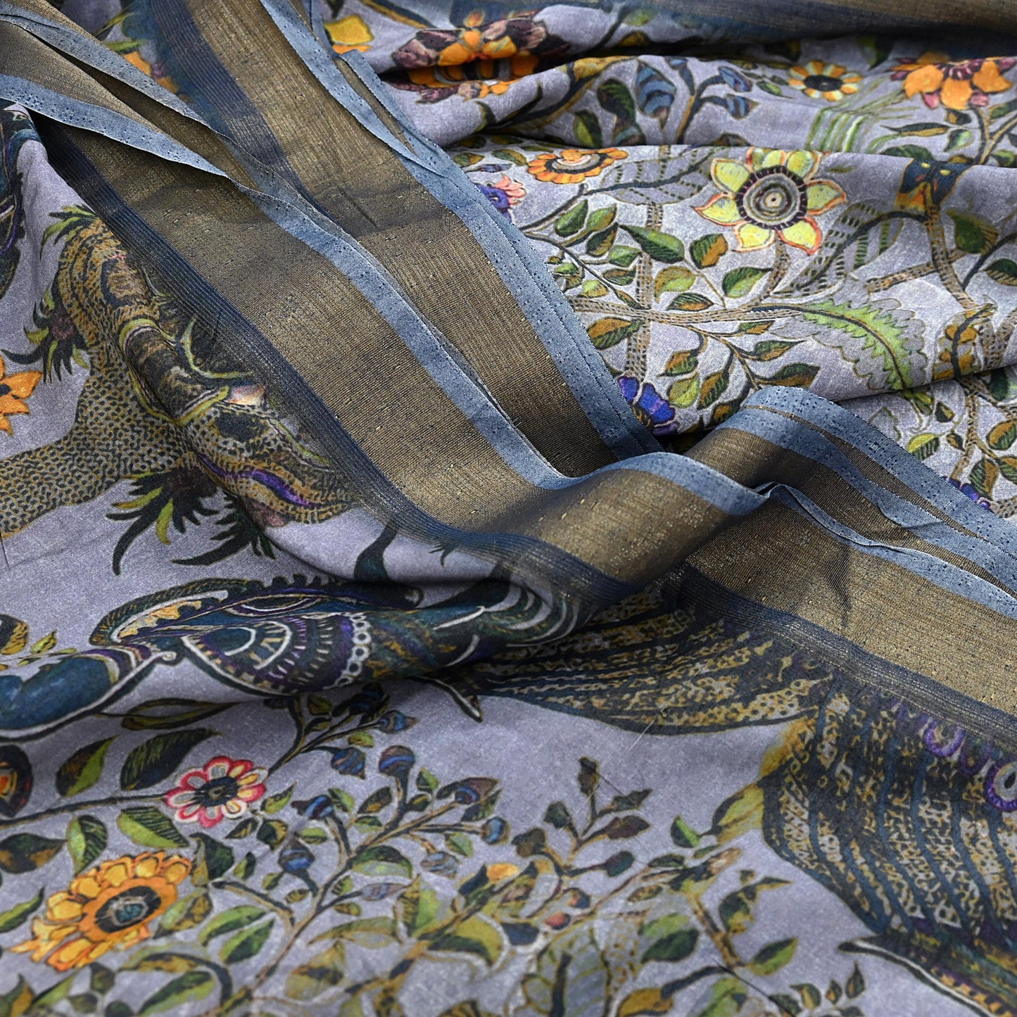 Indian Vintage Sari Gray  Blend Silk Woven Digital Printed Saree Craft Fabric 5yd Soft Dress Designing Crafting Quilting Zari Border