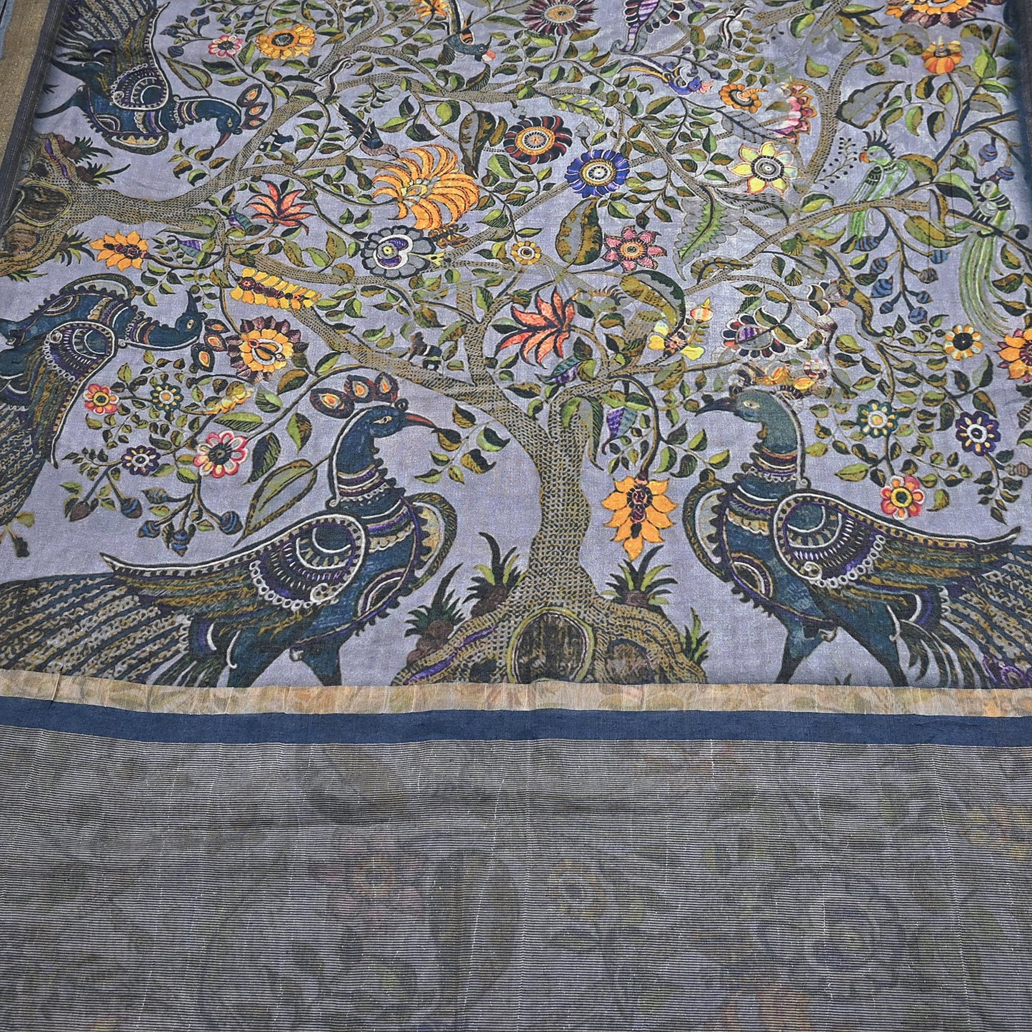 Indian Vintage Sari Gray  Blend Silk Woven Digital Printed Saree Craft Fabric 5yd Soft Dress Designing Crafting Quilting Zari Border