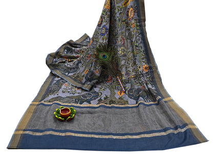 Indian Vintage Sari Gray  Blend Silk Woven Digital Printed Saree Craft Fabric 5yd Soft Dress Designing Crafting Quilting Zari Border