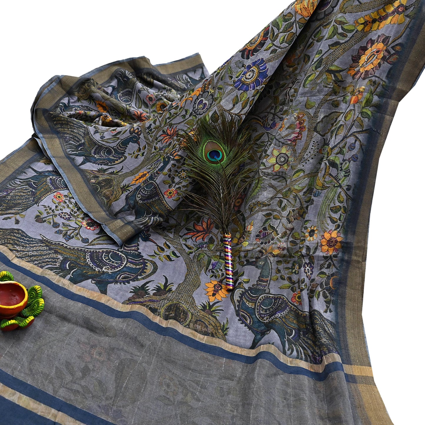 Indian Vintage Sari Gray  Blend Silk Woven Digital Printed Saree Craft Fabric 5yd Soft Dress Designing Crafting Quilting Zari Border