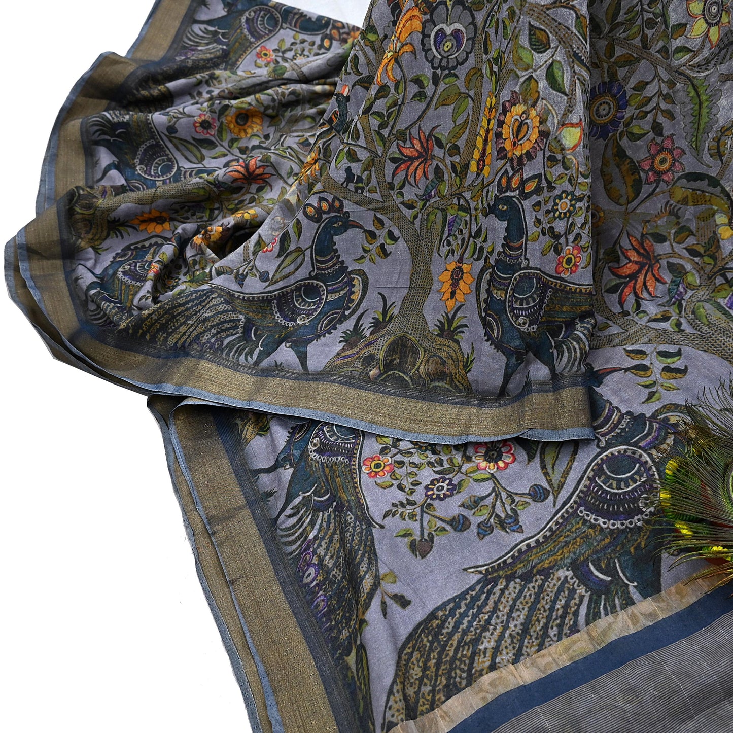Indian Vintage Sari Gray  Blend Silk Woven Digital Printed Saree Craft Fabric 5yd Soft Dress Designing Crafting Quilting Zari Border